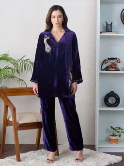 First Resort by Ramola Bachchan - Women Purple Paisley Hand Embroidered Velve Co-ord Set