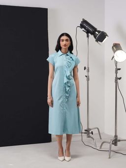 AMOSHI - Gloria Blue Solid Collar Neck A Line Midi Dress