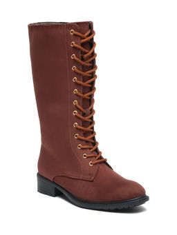 Bruno Manetti - Women Brown Suede Lace Up with Side Zipper Calf Length High Top Boots