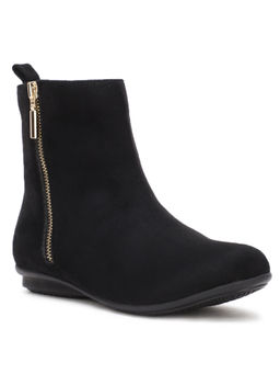 Bruno Manetti - Women Black Slip On with Side Golden Zipper Comfort Regular Flat Boots