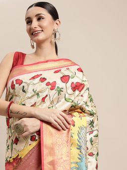 Vastranand - Cream Soft Banarasi Silk Kalamkari Block Print Party Wear Saree with Unstitched Blouse