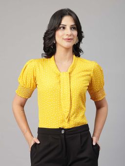 Style Quotient - Women's Polka Printed Yellow Polycrepe Top