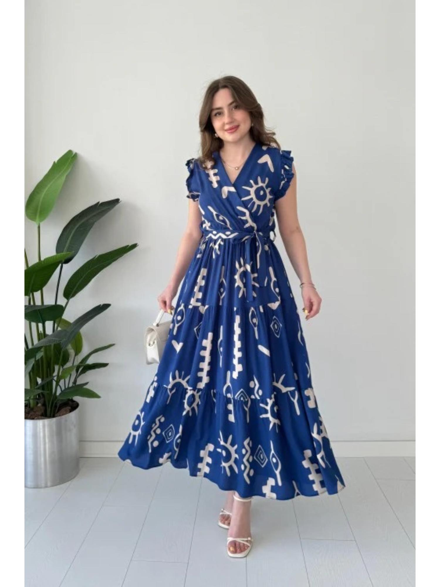 Womens Graphic Blue Dress with Belt-image-48