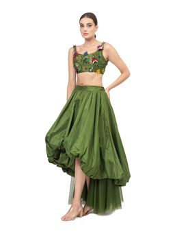 MODO CALDO - Womens Embroidered Green Crop Top with Skirt and Trail