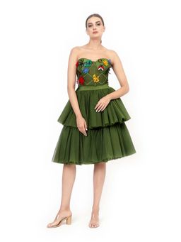 MODO CALDO - Womens Embroidered Green Crop Top with Skirt