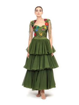 MODO CALDO - Womens Embroidered Green Crop Top with Skirt and Cape