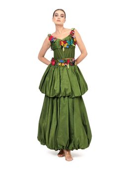 MODO CALDO - Womens Embroidered Green Crop Top with Skirt