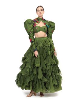 MODO CALDO - Womens Embroidered Green Bustier with Skirt and Cape