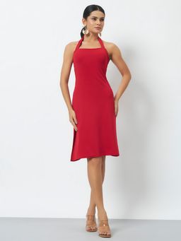 Trend Arrest - Red Halter Neck Side Slit Dress