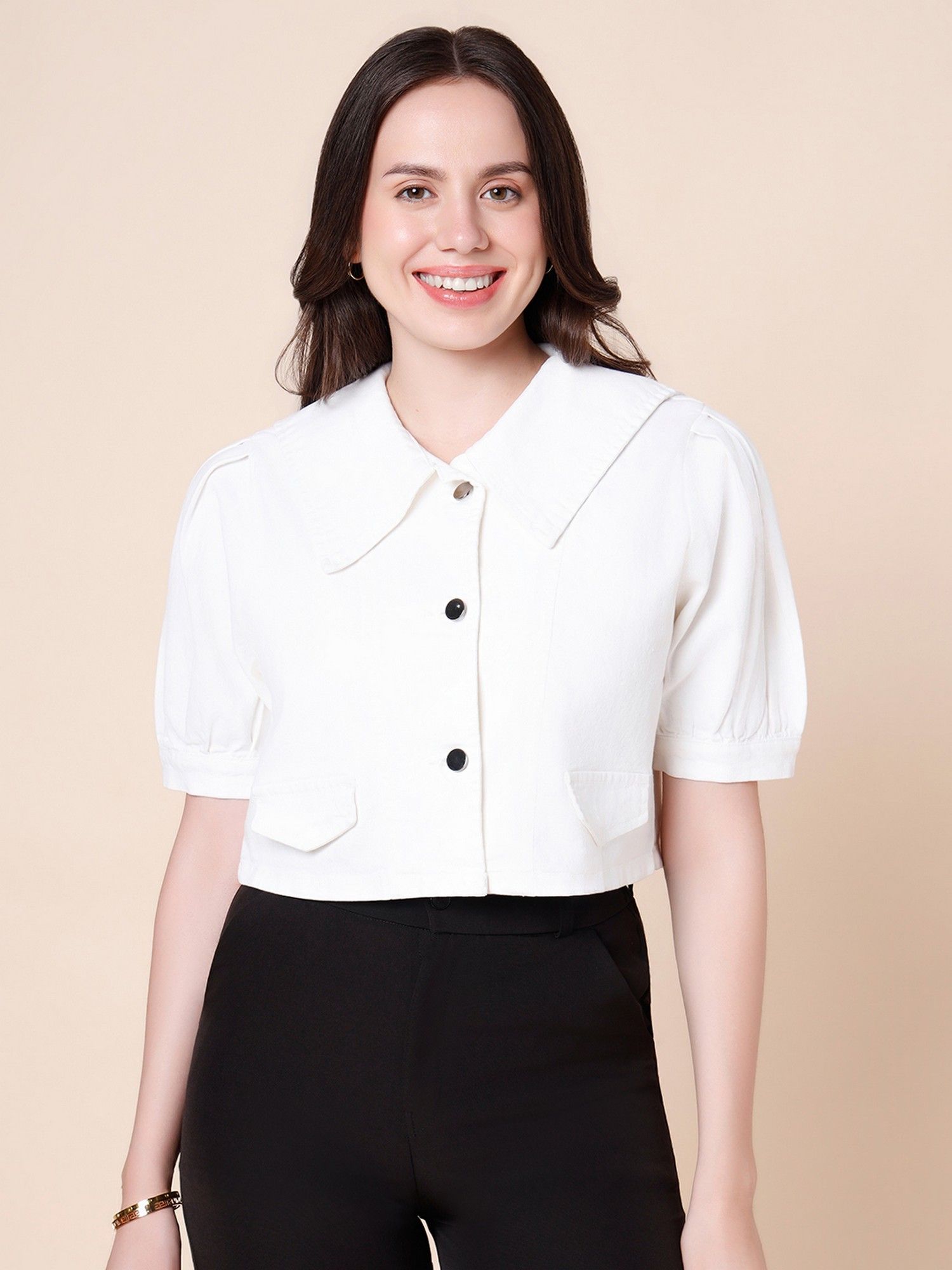 style quotient Women Off White Crop Denim Jacket-picture-35