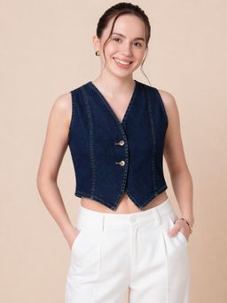 Style Quotient - Women Navy Blue Denim Waistcoat