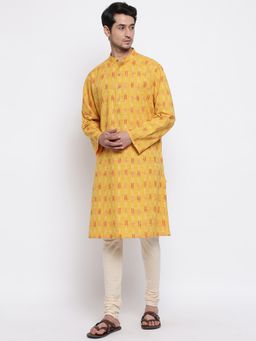 Fabindia - Yellow Chinese Collar Cotton Ikat Print Comfort Fit Long Kurta