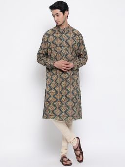 Fabindia - Beige Chinese Collar Cotton Dabu Print Comfort Fit Long Kurta