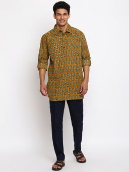 Fabindia - Yellow Cotton Printed Slim Fit Short Kurta (Set of 2)