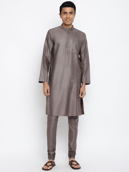 Fabindia Grey Viscose Silk Slim Fit Kurta (Set of 2)