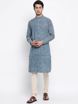 Fabindia - Blue Chinese Collar Cotton Dabu Print Slim Fit Long Kurta
