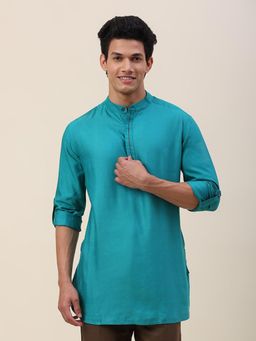 Fabindia - Teal Viscose Silk Woven Slim Fit Short Kurta