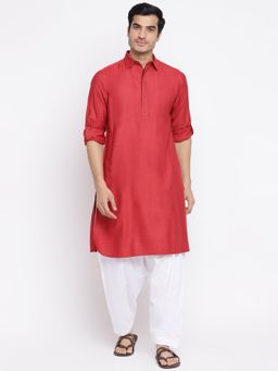 Fabindia - Red Viscose Silk Regular Fit Pathani Kurta