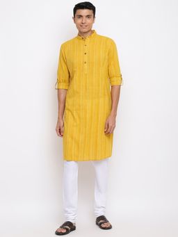 Fabindia - Yellow Cotton Stripes Slim Fit Long Kurta
