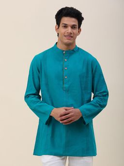 Fabindia - Blue Cotton Pintucks Chinese Collar Short Kurta