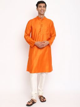 Fabindia - Orange Viscose Silk Woven Long Kurta