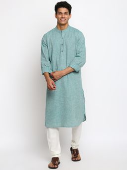 Fabindia - Green Cotton Linen Striped Slim Fit Long Kurta