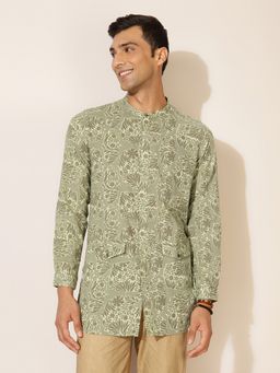 Fabindia - FabBasics Green Printed Chinese Collar Front Placket Slim Fit Short Kurta