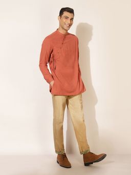 Fabindia - FabBasics Orange Printed Chinese Collar Wrap Style Slim Fit Short Kurta