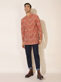 Fabindia - FabBasics Orange Printed Chinese Collar Slim Fit Short Kurta