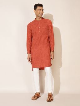 Fabindia - Orange Printed Slim Fit Kurta (Set of 2)