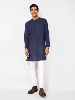 Fabindia - FabBasics Blue Cotton Slim Fit Long Kurta