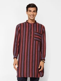 Fabindia - Red Cotton Stripes Slim Fit Long Kurta