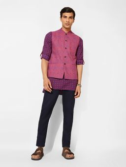Fabindia - FabBasics Purple Cotton Printed Slim Fit Nehru Jacket