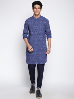 Fabindia - FabBasics Blue Cotton Slim Fit Printed Long Kurta