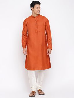 Fabindia - Orange Viscose Silk Woven Slim Fit Knee Length Long Kurta