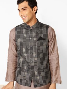 Fabindia - Black Cotton Silk Blend Cutwork Nehru Jacket