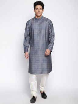 Fabindia - Grey Viscose Silk Slim Fit Printed Long Kurta