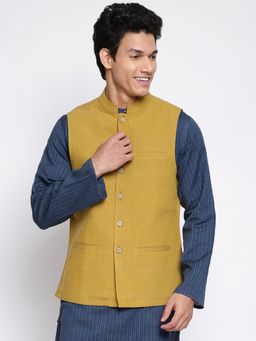 Fabindia - Mustard Cotton Woven Nehru Jacket