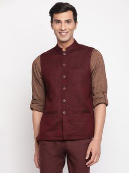 Fabindia - Maroon Wool Woven Nehru Jacket
