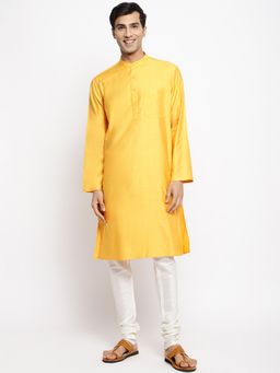 Fabindia - Yellow Viscose Silk Woven Long Kurta