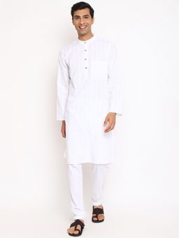 Fabindia - White Cotton Striped Slim Fit Long Kurta