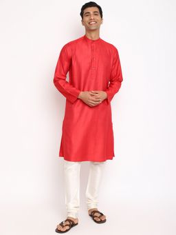Fabindia - Red Viscose Silk Pintucks Slim Fit Long Kurta