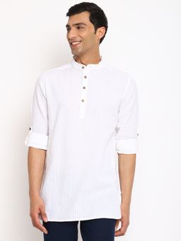 Fabindia - White Cotton Dobby Slim Fit Short Kurta