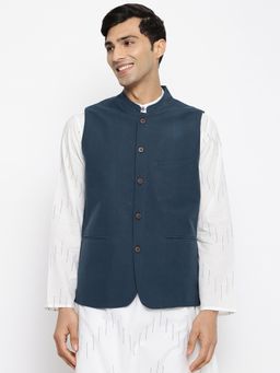 Fabindia - Blue Cotton Woven Nehru Jacket