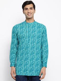 Fabindia - FabBasics Teal Cotton Printed Slim Fit Awadh Neck Short Kurta