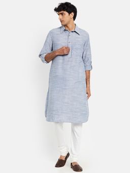 Fabindia - Blue Cotton Rollup Sleeves Pathani Kurta