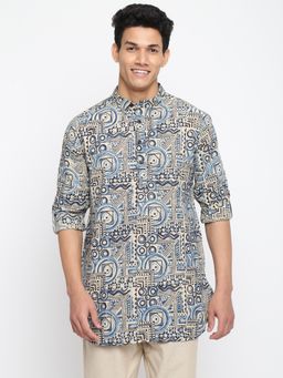 Fabindia - Beige Cotton Slim Fit Printed Short Kurta