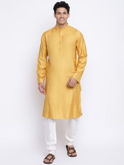 Fabindia - Yellow Viscose Silk Woven Slim Fit Long Kurta
