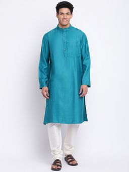 Fabindia - Teal Viscose Silk Woven Long Kurta