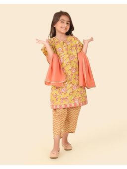 Fabindia - Yellow Cotton Hand Block Printed Kurta With Salwar & Dupatta